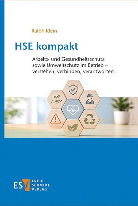 "HSE kompakt" von Ralph Klein über Arbeits-, Gesundheits- und Umweltschutz. Symbole auf Holzwürfeln, Pflanze im Hintergrund.