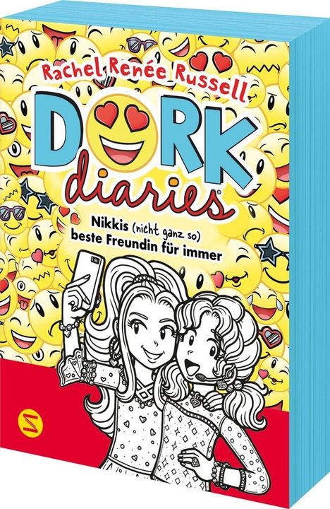 Text: "Rachel Renée Russell DORK diaries. Nikkis (nicht ganz so) beste Freundin für immer." Illustration: Zwei Mädchen machen ein Selfie. Hintergrund voller gelber Emojis mit verschiedenen Ausdrücken.