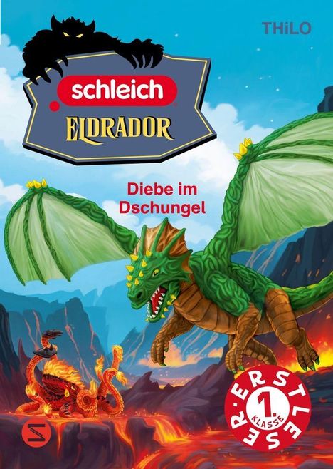 "schleich Eldrador", "Diebe im Dschungel", "ERSTLESER 1. KLASSE". Illustration: Drache und Lavawesen.