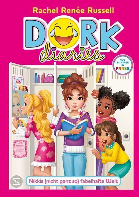 "Dork Diaries" oben. "Nikkis (nicht ganz so) fabelhafte Welt" unten. Vier Mädchen vor offenen Spinden, farbenfrohe Kleidung.