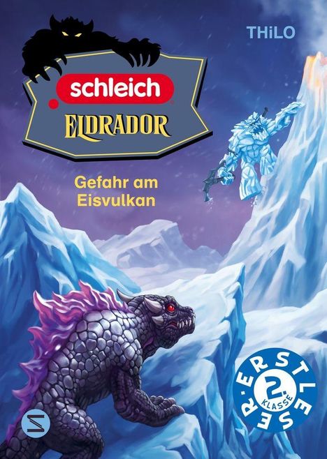 "schleich Eldrador", "Gefahr am Eisvulkan", "THiLO", "ERSTLESER 2. KLASSE". Illustration: Zwei Monster auf Eisvulkan.