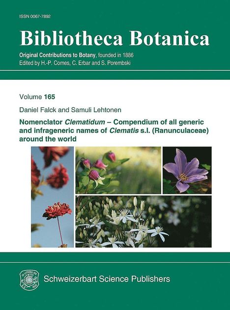 Bibliotheca Botanica, ISSN 0067-7892, Clematis-Namensverzeichnis, grüne Cover, Fotos von Blumen, Schweizerbart Verlag.