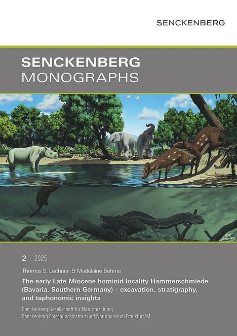 "SENCKENBERG MONOGRAPHS" oben, Naturillustration unten mit Tieren an Land und Wasser, inklusive Elefanten und Krokodil.