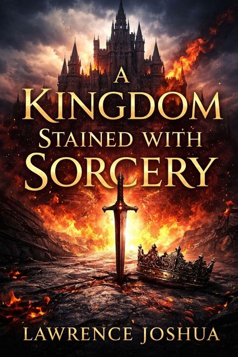 „A Kingdom Stained With Sorcery“. Ein Schwert steckt im Boden, daneben eine Krone; im Hintergrund eine Burg und Feuer.