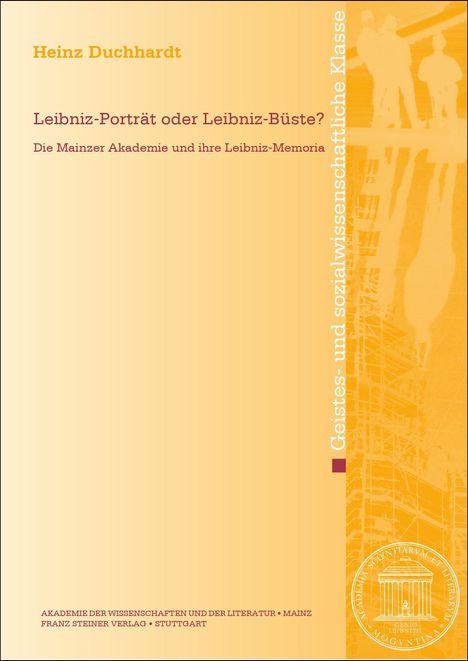 "Leibniz-Porträt oder Leibniz-Büste?" über abstraktem gelbem Hintergrund mit Architekturillustration.