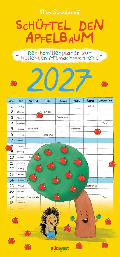 „Schüttel den Apfelbaum 2027“ ist ein Familienplaner. Illustration: Ein Baum mit Äpfeln, Igel, Tabelle für Termine.