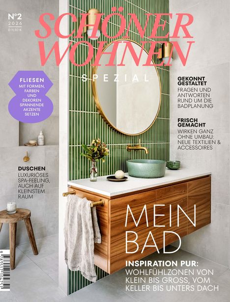 "Schöner Wohnen Spezial", Fokus auf Badezimmer: modernes Design, Fliesen, Accessoires. Natürliche Materialien, grünes Waschbecken.