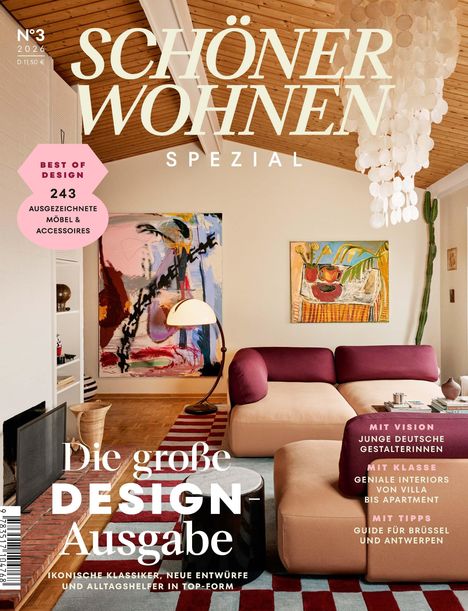 "Die große DESIGN-Ausgabe: Ikonische Klassiker, neue Entwürfe und Alltagshelfer in Top-Form." Modernes Wohnzimmer.