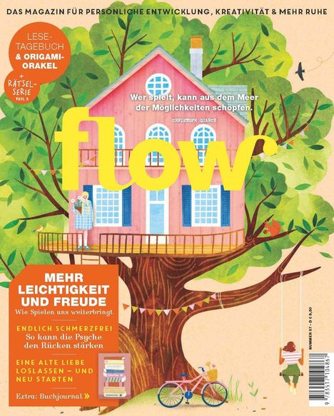 „Flow“, Wer spielt, kann aus dem Meer der Möglichkeiten schöpfen. Illustration: Baumhaus mit rot-orange Umgebung.