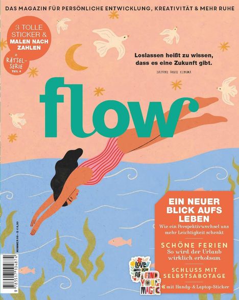 „flow“ in großen Buchstaben. Ein Mensch in einem rot-weiß gestreiften Badeanzug taucht ins Wasser. Vögel fliegen.