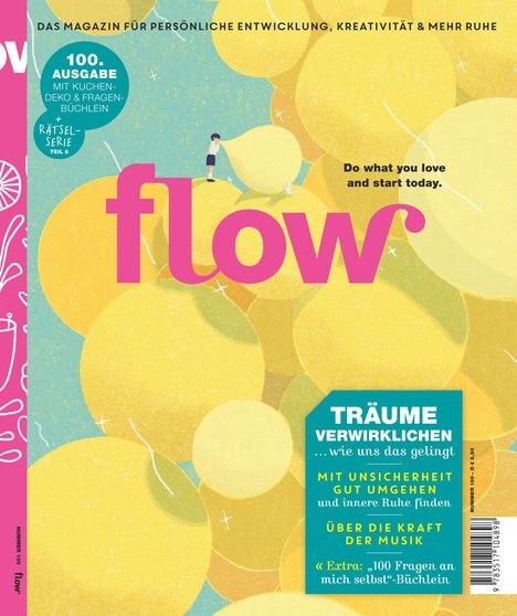 "flow" in großen rosa Buchstaben, blauer Kreis mit "100. AUSGABE". Illustration einer Person, die gelbe Kreise betrachtet.
