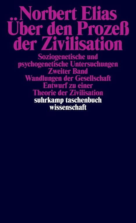 "Norbert Elias: Über den Prozeß der Zivilisation", zweiter Band, soziogenetische und psychogenetische Untersuchungen. Schwarzer Hintergrund.