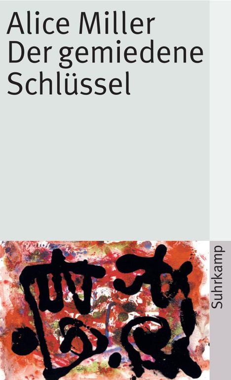 Text: Alice Miller, Der gemiedene Schlüssel, Suhrkamp. Unten abstrakte Kunst mit bunten Spritzern und schwarzen Formen.