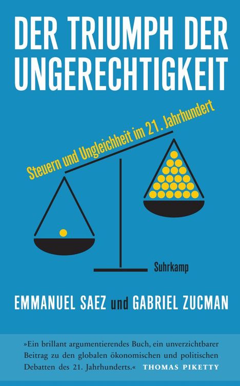 "Der Triumph der Ungerechtigkeit" und "Steuern und Ungleichheit im 21. Jahrhundert". Waage mit ungleicher Verteilung.