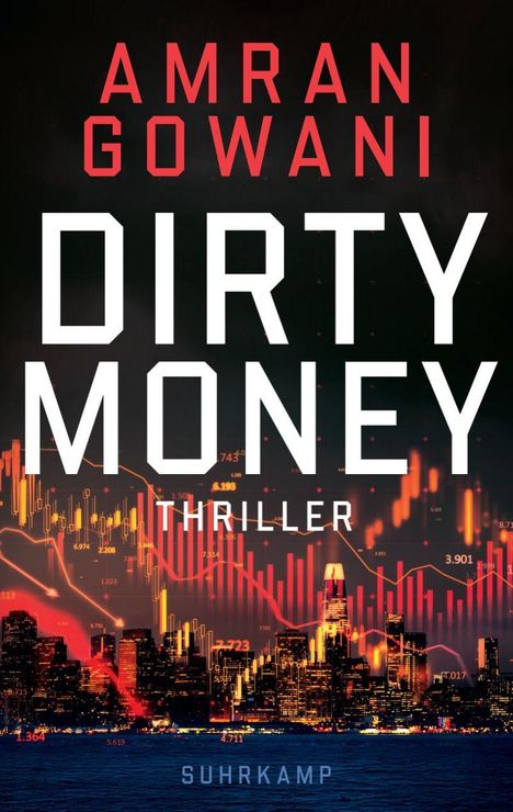 AMRAN GOWANI. DIRTY MONEY. THRILLER. Skyline einer Stadt bei Nacht mit leuchtenden Börsencharts im Hintergrund.