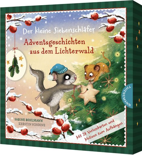 „Der kleine Siebenschläfer: Adventsgeschichten aus dem Lichterwald“. Zwei niedliche Tiere schmücken einen Weihnachtsbaum.