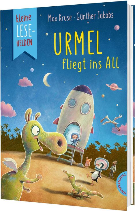 "Urmel fliegt ins All" von Max Kruse und Günther Jakobs. Ein Dinosaurier mit Rakete im Hintergrund.