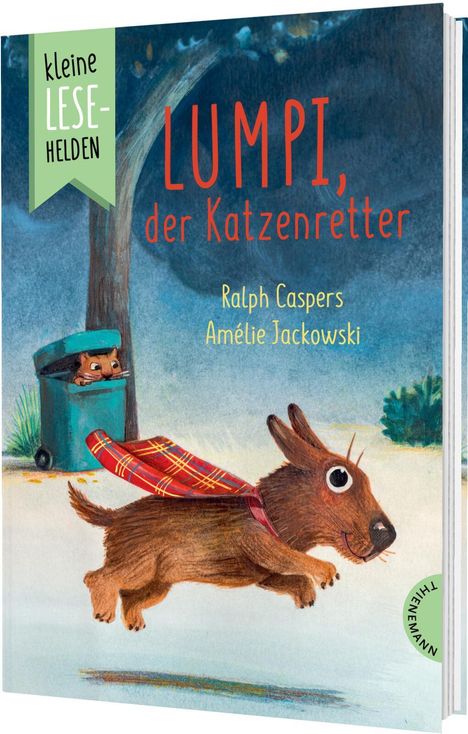 „Lumpi, der Katzenretter“ von Ralph Caspers und Amélie Jackowski. Ein Hund mit rotem Cape rennt an einem Mülleimer vorbei.