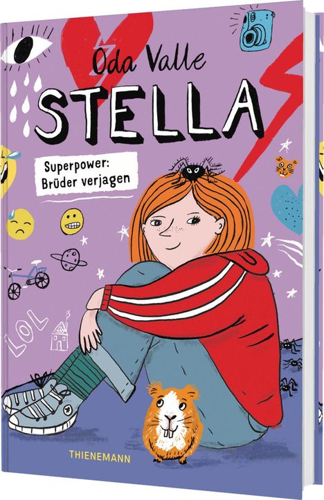 „Oda Valle: Stella. Superpower: Brüder verjagen.“ Ein Mädchen in rotem Pulli, mit Haustier, umgeben von Symbolen.