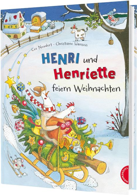 „Henri und Henriette feiern Weihnachten“. Zwei Hühner auf Schlitten im Schnee, fröhliche Tiere, festliche Stimmung.
