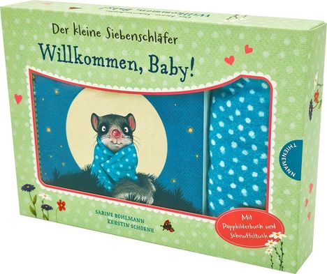 "Der kleine Siebenschläfer: Willkommen, Baby!" zeigt einen Siebenschläfer mit blauem Schal vor einem großen Mond.