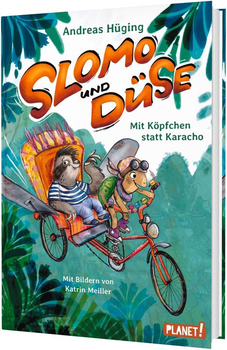 Text: "SLOMO UND DÜSE", "Mit Köpfchen statt Karacho". Illustration: Faultier und Schildkröte auf einem lustigen Fahrrad.