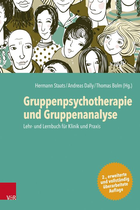 „Gruppenpsychotherapie und Gruppenanalyse“ steht in großer Schrift zentral auf einem türkisfarbenen Hintergrund. Oberhalb befinden sich Namen. Eine Illustration zeigt stilisierte Gesichter von Menschen.