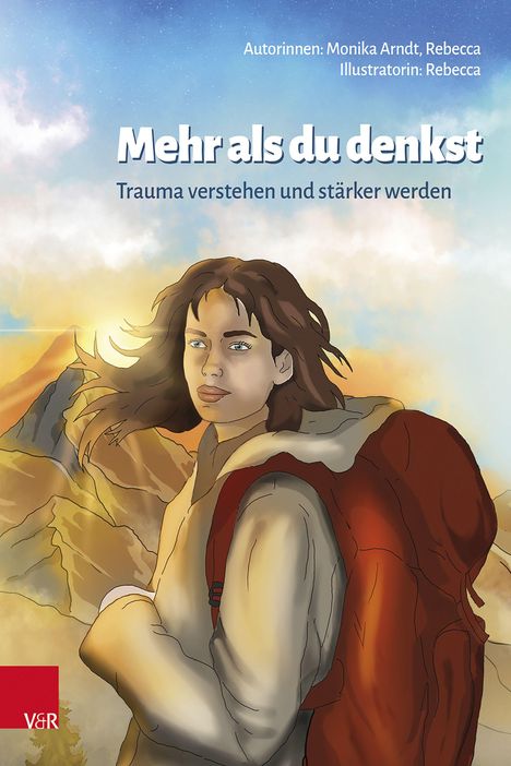 "Mehr als du denkst: Trauma verstehen und stärker werden." Illustration einer Frau am Berg, bei Sonnenuntergang.