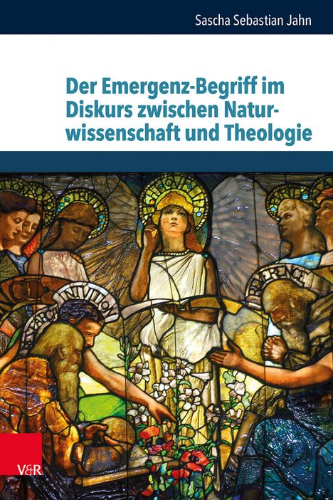 Text: "Der Emergenz-Begriff im Diskurs zwischen Naturwissenschaft und Theologie." 
Illustration eines bunten Glasfensters mit Engeln.