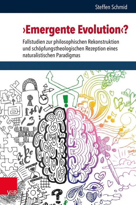 Titel: "Emergente Evolution?" Visualisiert ein Gehirn, links schwarz-weiß mit Symbolen, rechts farbig mit kreativen Elementen.