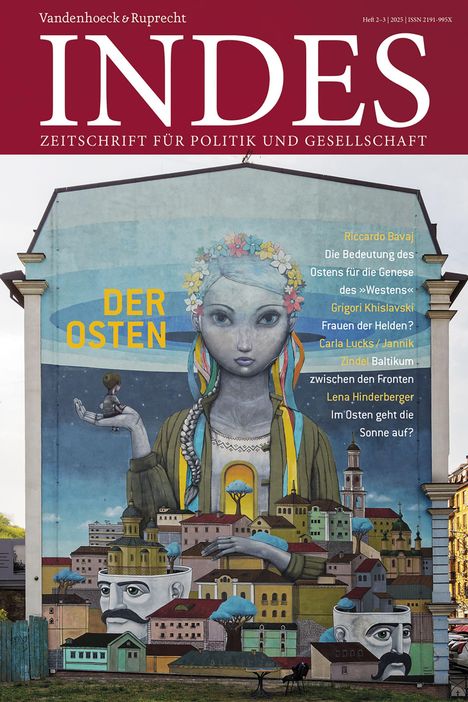 Text: "DER OSTEN" und Aufsätze von Riccardo Bavaj, Grigori Khislavski, Carla Lucks, Jannik Zindel, Lena Hinderberger. Illustration: Mural mit Mädchen, Stadt und Tasse.