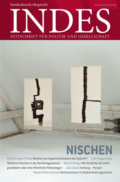 Titel: "INDES - Zeitschrift für Politik und Gesellschaft". Thema: "NISCHEN". Zwei abstrakte Kunstwerke an der Wand.