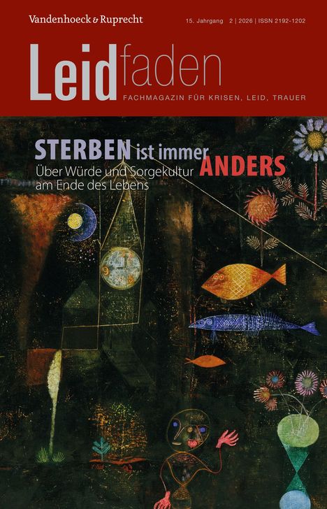 Leidfaden, Sterben ist immer anders. Über Würde am Ende des Lebens. Illustration mit symbolischen Motiven und Fischen.