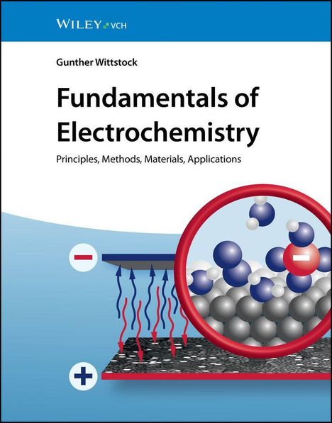 "Fundamentals of Electrochemistry" von Gunther Wittstock. Eine Illustration mit Molekülen und Plus/Minus-Symbolen.