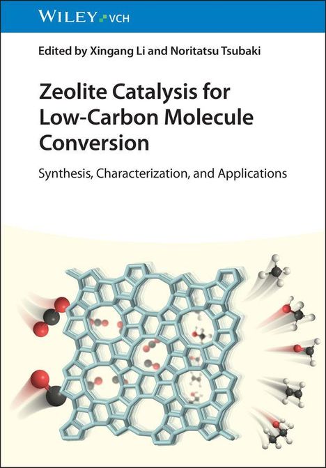 Titel: "Zeolite Catalysis for Low-Carbon Molecule Conversion". Molekülstrukturen und ein zeolithartiges Gittermuster.