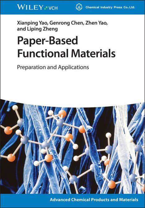 Text: "Paper-Based Functional Materials: Preparation and Applications". Illustration von Molekülen auf blauen Fasern.