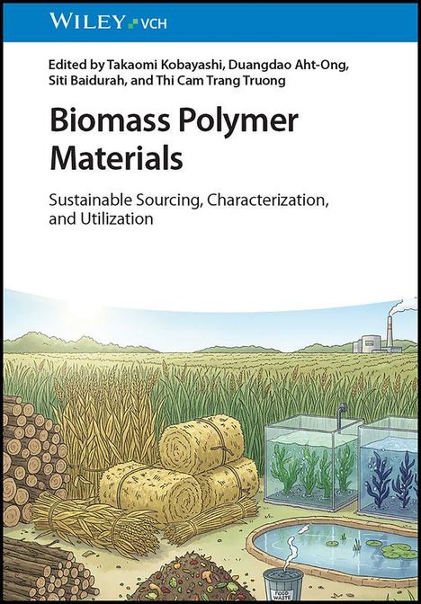Text: Biomass Polymer Materials. Illustration: Feld, Holz, Ballen, Tanks mit Pflanzen, Tümpel, Kompost, Fabrik in der Ferne.