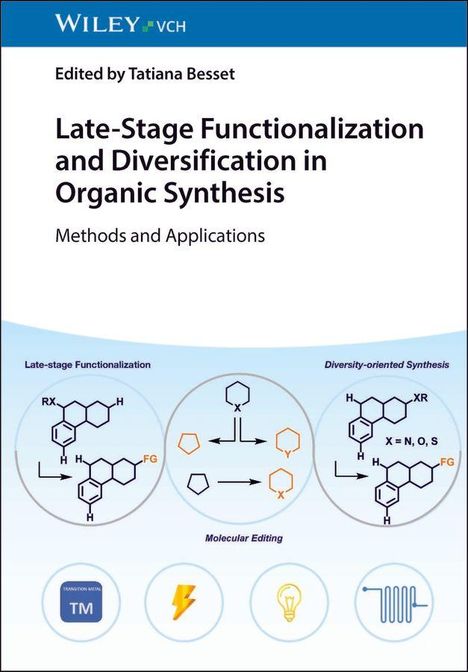"Late-Stage Functionalization and Diversification in Organic Synthesis" und Chemiesymbole wie Moleküle und Reaktionspfeile.