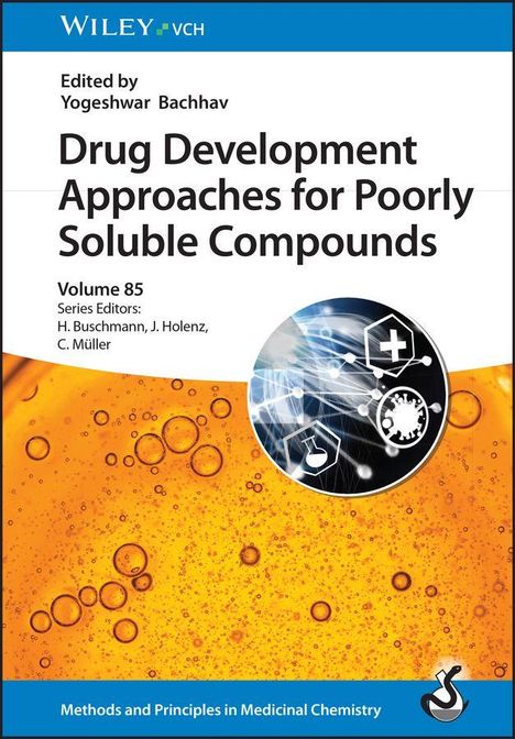 Titel: "Drug Development Approaches for Poorly Soluble Compounds." Orange Flüssigkeit mit Blasen, überlagert von Symbolen.