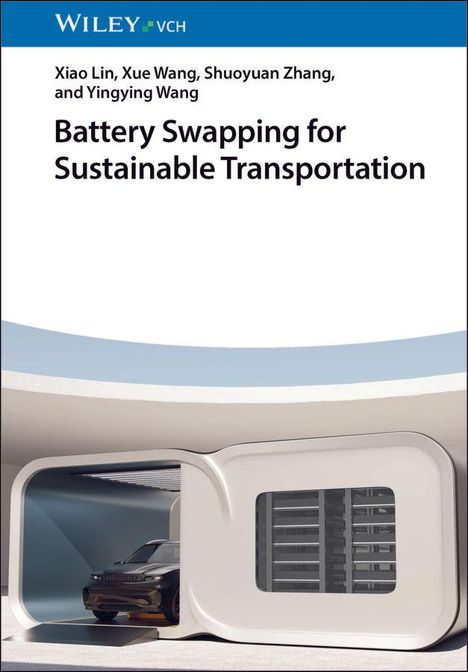 Titel: "Battery Swapping for Sustainable Transportation". Ein Elektroauto steht in einer modernen Batteriewechsel-Station.