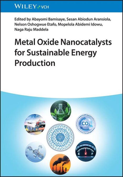 Titel: "Metal Oxide Nanocatalysts for Sustainable Energy Production." Verschiedene runde Symbole, darunter grüne Blätter und CO2.