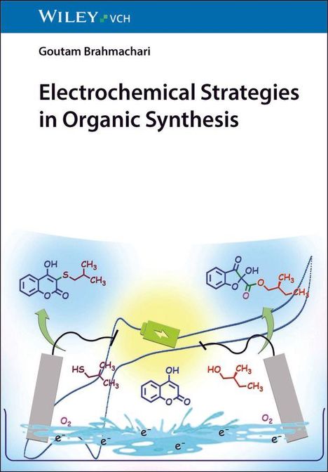 Titel: Electrochemical Strategies in Organic Synthesis. Illustration: Moleküle und chemische Reaktionen mit Elektroden.