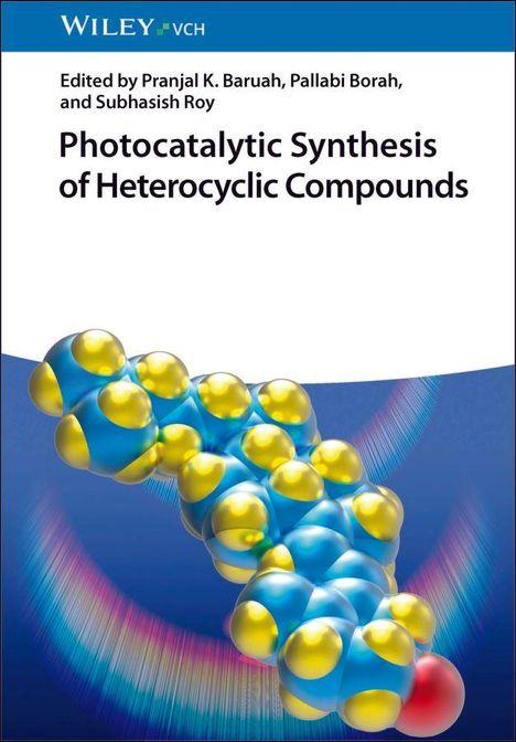Oben steht "Photocatalytic Synthesis of Heterocyclic Compounds". Darunter Molekülillustration in Blau und Gelb.