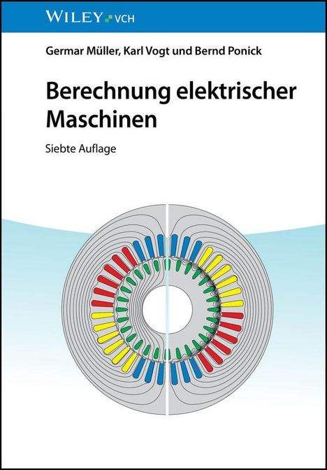 Text: Berechnung elektrischer Maschinen. Siebte Auflage. Oben Autoren. Darunter eine schematische Illustration eines Elektromotors.