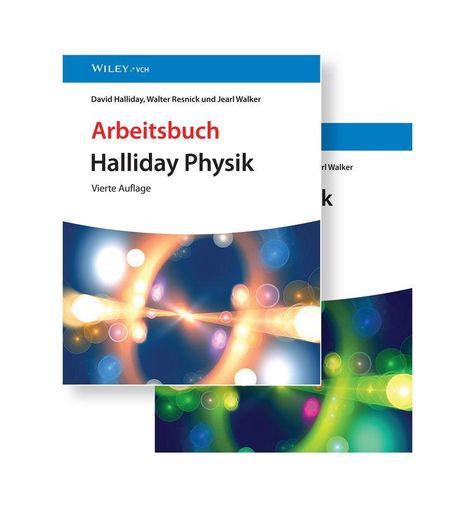 „Arbeitsbuch Halliday Physik, Vierte Auflage“ oben, bunte Lichtpunkte in der Mitte.