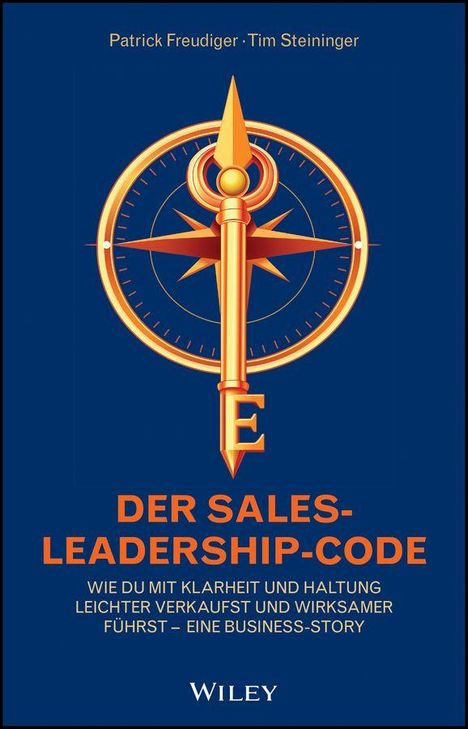"DER SALES-LEADERSHIP-CODE" und Autornamen in Weiß auf Blau. Kompassnadel-Illustration in der Mitte, Logo unten.