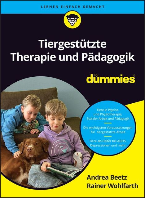 Covertext: "Tiergestützte Therapie und Pädagogik für Dummies". Zwei Kinder und ein Hund auf Sofa, eines liest ein Buch.