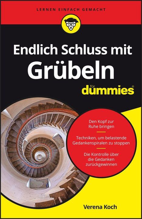 "Endlich Schluss mit Grübeln für Dummies" steht oben, mit spiralförmiger Treppe und rotem Kreis mit Texten unten.