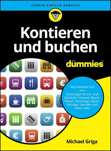 "Kontieren und buchen für dummies" und "Michael Griga". Bunte Icons zu Buchhaltungsthemen, stilisierte Art.
