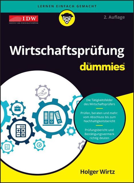 „Wirtschaftsprüfung für dummies“, blaue Zahnräder mit Wirtschaftssymbolen, Textfeld mit Beschreibung der Prüferaufgaben.